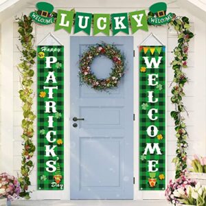 st patricks day decorations outdoor, green buffalo check plaid welcome banners porch signs w lucky garland banner, irish shamrock happy saint patrick’s day décor for home party door classroom office