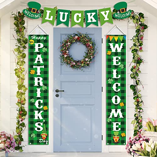 St Patricks Day Decorations Outdoor, Green Buffalo Check Plaid Welcome Banners Porch Signs W LUCKY Garland Banner, Irish Shamrock Happy Saint Patrick's Day Décor for Home Party Door Classroom Office