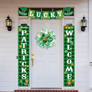 St Patricks Day Decorations Outdoor, Green Buffalo Check Plaid Welcome Banners Porch Signs W LUCKY Garland Banner, Irish Shamrock Happy Saint Patrick's Day Décor for Home Party Door Classroom Office