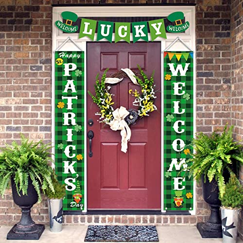 St Patricks Day Decorations Outdoor, Green Buffalo Check Plaid Welcome Banners Porch Signs W LUCKY Garland Banner, Irish Shamrock Happy Saint Patrick's Day Décor for Home Party Door Classroom Office