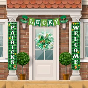 St Patricks Day Decorations Outdoor, Green Buffalo Check Plaid Welcome Banners Porch Signs W LUCKY Garland Banner, Irish Shamrock Happy Saint Patrick's Day Décor for Home Party Door Classroom Office