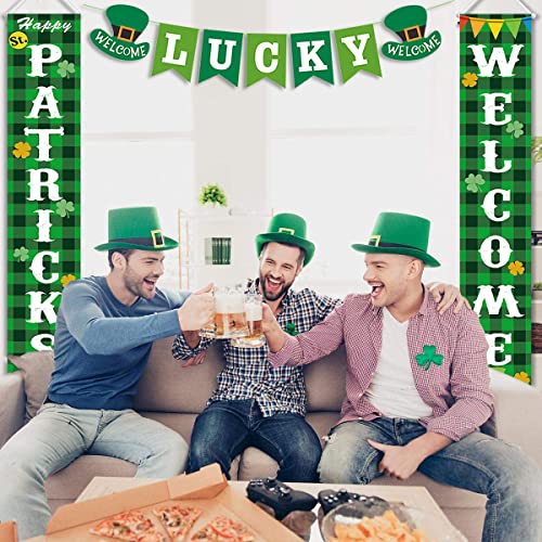 St Patricks Day Decorations Outdoor, Green Buffalo Check Plaid Welcome Banners Porch Signs W LUCKY Garland Banner, Irish Shamrock Happy Saint Patrick's Day Décor for Home Party Door Classroom Office