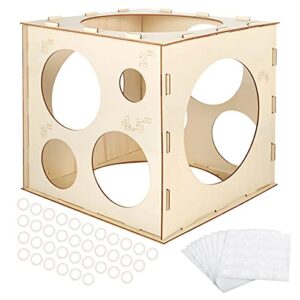 auihiay 12 holes wood balloon sizer cube box with 200 pcs balloon glue points, collapsible balloon size measuring tool for balloon garland balloon columns balloon arches decorations (2-10 inch)