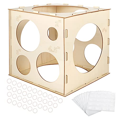 Auihiay 12 Holes Wood Balloon Sizer Cube Box with 200 PCS Balloon Glue Points, Collapsible Balloon Size Measuring Tool for Balloon Garland Balloon Columns Balloon Arches Decorations (2-10 INCH)