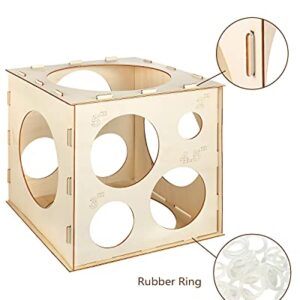 Auihiay 12 Holes Wood Balloon Sizer Cube Box with 200 PCS Balloon Glue Points, Collapsible Balloon Size Measuring Tool for Balloon Garland Balloon Columns Balloon Arches Decorations (2-10 INCH)