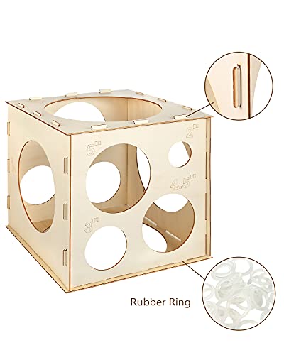 Auihiay 12 Holes Wood Balloon Sizer Cube Box with 200 PCS Balloon Glue Points, Collapsible Balloon Size Measuring Tool for Balloon Garland Balloon Columns Balloon Arches Decorations (2-10 INCH)