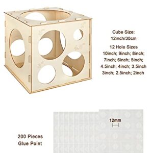 Auihiay 12 Holes Wood Balloon Sizer Cube Box with 200 PCS Balloon Glue Points, Collapsible Balloon Size Measuring Tool for Balloon Garland Balloon Columns Balloon Arches Decorations (2-10 INCH)