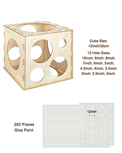 Auihiay 12 Holes Wood Balloon Sizer Cube Box with 200 PCS Balloon Glue Points, Collapsible Balloon Size Measuring Tool for Balloon Garland Balloon Columns Balloon Arches Decorations (2-10 INCH)