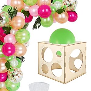 Auihiay 12 Holes Wood Balloon Sizer Cube Box with 200 PCS Balloon Glue Points, Collapsible Balloon Size Measuring Tool for Balloon Garland Balloon Columns Balloon Arches Decorations (2-10 INCH)