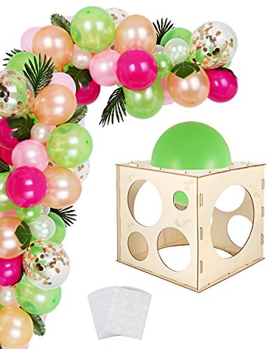 Auihiay 12 Holes Wood Balloon Sizer Cube Box with 200 PCS Balloon Glue Points, Collapsible Balloon Size Measuring Tool for Balloon Garland Balloon Columns Balloon Arches Decorations (2-10 INCH)