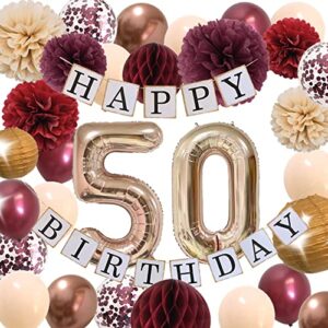 50th birthday decorations for women –rose gold 50 birthday supplies for womens with fabulous champagne burgundy fall color flowers balloons tissues decor (burgundy +champagne)