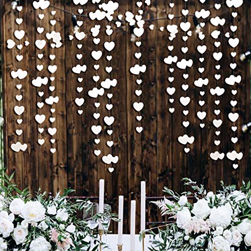 52Ft White Heart Garland White Pearl Love Heart Hanging Paper Streamer Banner for Winter Wedding Anniversary Bridal Shower Engagement Mothers Day Valentines Day Bachelorette Party Decorations Supplies