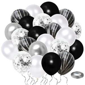 black white silver party balloons, 50pcs 12 inch thicker marble black and pearl white metallic confetti latex balloons with ribbon for birthday anniversary decorations