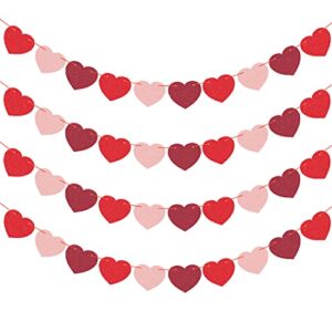 jozon 4 pack felt heart valentine’s day garland banner valentines day heart decorations for anniversary wedding engagement party home office wall decorations supplies (red, pink and dark red color)