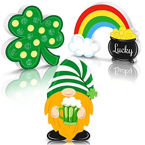 3 Pieces St. Patrick’s Day Table Signs Wooden, Shamrock Rainbow Gnome Wood Signs Table Top Decorations, Irish Themed Freestanding Lucky Table Centerpiece Decor for Fireplace Tiered Tray Home Office