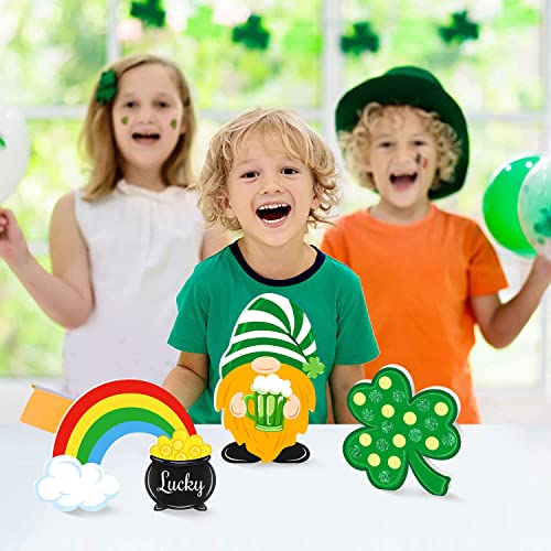 3 Pieces St. Patrick’s Day Table Signs Wooden, Shamrock Rainbow Gnome Wood Signs Table Top Decorations, Irish Themed Freestanding Lucky Table Centerpiece Decor for Fireplace Tiered Tray Home Office