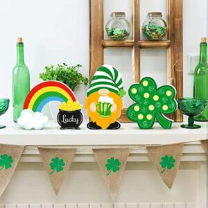 3 Pieces St. Patrick’s Day Table Signs Wooden, Shamrock Rainbow Gnome Wood Signs Table Top Decorations, Irish Themed Freestanding Lucky Table Centerpiece Decor for Fireplace Tiered Tray Home Office