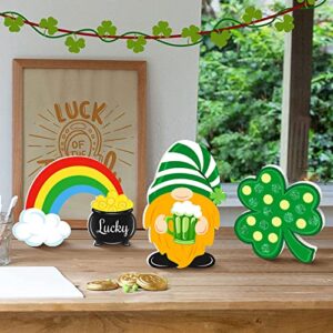 3 Pieces St. Patrick’s Day Table Signs Wooden, Shamrock Rainbow Gnome Wood Signs Table Top Decorations, Irish Themed Freestanding Lucky Table Centerpiece Decor for Fireplace Tiered Tray Home Office