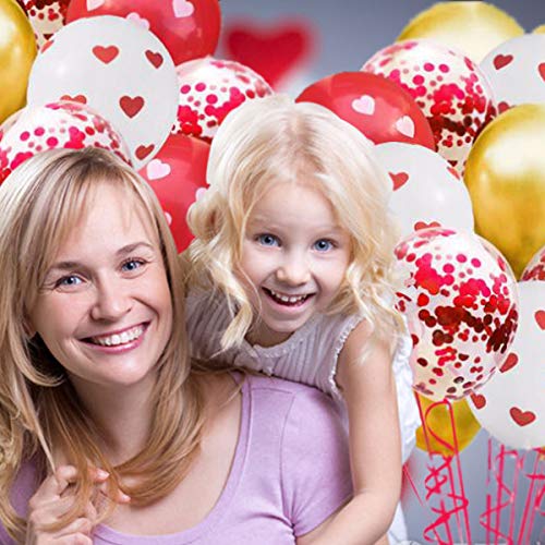 Valentines Day Decorations Party Balloons Kit, 12 Inch Heart Printed Red White Gold Confetti Balloons for Valentine's Day Anniversary Mothers Day Wedding Engagement Party SuppliesDecorations