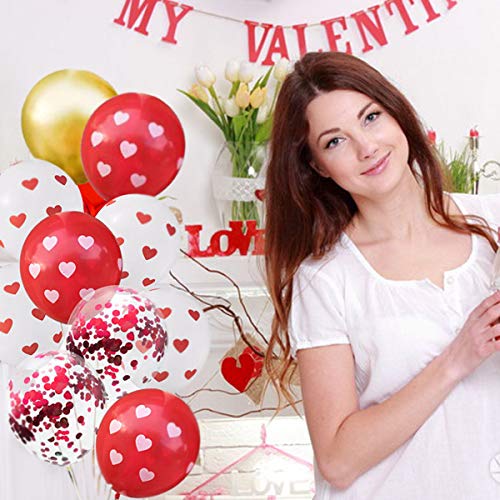 Valentines Day Decorations Party Balloons Kit, 12 Inch Heart Printed Red White Gold Confetti Balloons for Valentine's Day Anniversary Mothers Day Wedding Engagement Party SuppliesDecorations