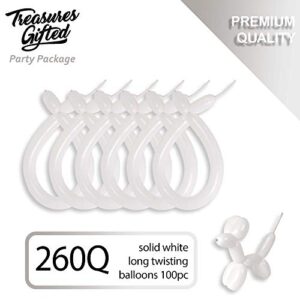 Treasures Gifted Long White Balloons - Animal Balloons - White 260 Balloons - White Long Balloons For Balloon Animals, 260q Balloons - Long White Balloon Animal Kit - 100 Pack Long Skinny Balloons