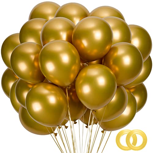 100pcs Metallic Gold Balloons, 12 inch Chrome Gold Latex Party Balloons Helium Quality for Party Decoration Like Birthday Party, Baby Shower,Wedding, Halloween or Christmas Party (with Gold Ribbon)