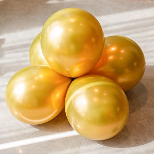 100pcs Metallic Gold Balloons, 12 inch Chrome Gold Latex Party Balloons Helium Quality for Party Decoration Like Birthday Party, Baby Shower,Wedding, Halloween or Christmas Party (with Gold Ribbon)