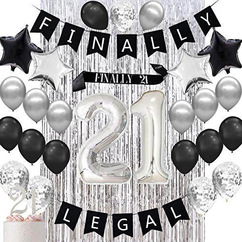 Haimimall 21st Birthday Decorations for Her Him, Finally Legal 21st Birthday Decorations inclouding Finally Legal Banner,Finally 21 Sash,Silver Metallic Tinsel Foil Fringe Curtains Photo Backdropand