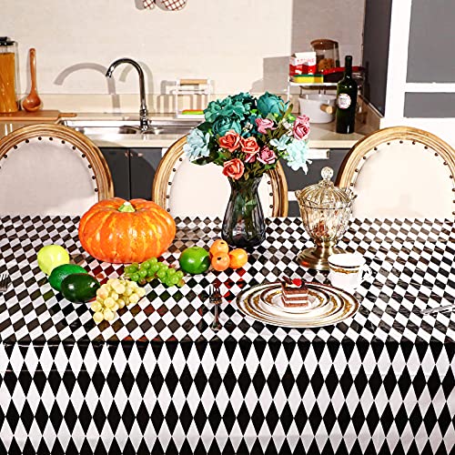 3 Pieces Black and White Checkered Tablecloths Plastic Gingham Table Cover for Wonderland Party Tea Party Supplies Camping Picnic Wedding Birthday Halloween Party Decorations, 54 x 108 Inch