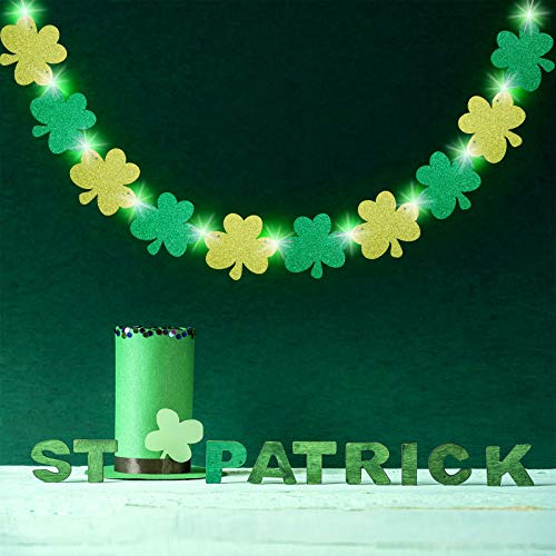 St. Patrick's Day Decorations Glitter Shamrock Garland Banner with 8 Modes Green String Lights Four Leaf Clover Garland for Irish Saint Patrick’s Day Party