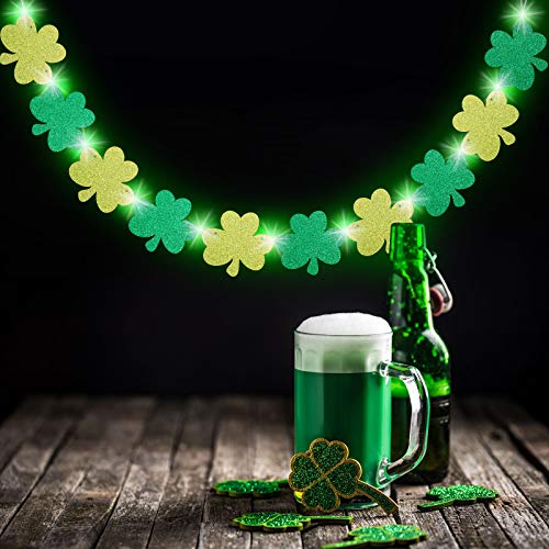 St. Patrick's Day Decorations Glitter Shamrock Garland Banner with 8 Modes Green String Lights Four Leaf Clover Garland for Irish Saint Patrick’s Day Party