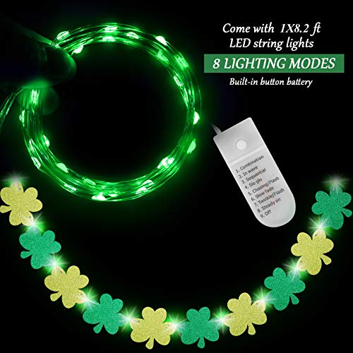 St. Patrick's Day Decorations Glitter Shamrock Garland Banner with 8 Modes Green String Lights Four Leaf Clover Garland for Irish Saint Patrick’s Day Party