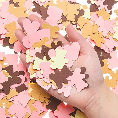 500 Pieces Bear Table Confetti Girl Baby Shower Paper Confetti Gender Reveal Bear Confetti Table Sprinkles Scatters for Boy Girl Baby Birthday Rustic Party Decor (Pink, Brown, Beige, Dark Brown)