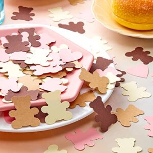 500 Pieces Bear Table Confetti Girl Baby Shower Paper Confetti Gender Reveal Bear Confetti Table Sprinkles Scatters for Boy Girl Baby Birthday Rustic Party Decor (Pink, Brown, Beige, Dark Brown)