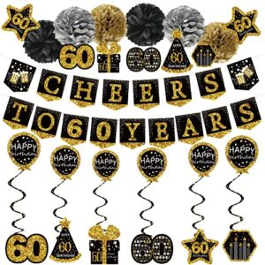 60th birthday decorations for men – (21pack) cheers to 60 years black gold glitter banner for women, 6 paper poms, 6 hanging swirl, 7 decorations stickers. 60 years old party supplies gifts for men