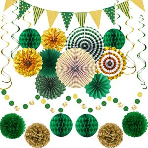 green gold party decorations paper fans, graduation season hanging glitter triangle flags banner hanging paper fan happy birthday banners and triangular flag, bridal shower,green themed birthday