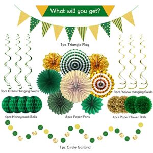 Green Gold Party Decorations Paper Fans, Graduation Season Hanging Glitter Triangle Flags Banner Hanging Paper Fan Happy Birthday Banners and Triangular Flag, Bridal Shower,Green Themed Birthday