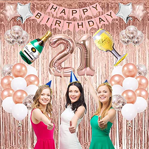 21st Birthday Decorations|21st Birthday Decorations for her|21st Birthday Decorations Rose Gold with Photo Booth Backdrop, Happy Birthday Banner, Confetti and Mylar Balloons