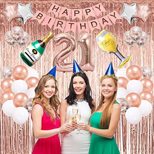 21st Birthday Decorations|21st Birthday Decorations for her|21st Birthday Decorations Rose Gold with Photo Booth Backdrop, Happy Birthday Banner, Confetti and Mylar Balloons