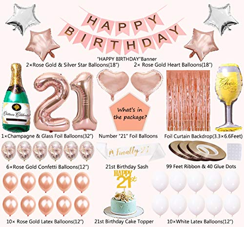 21st Birthday Decorations|21st Birthday Decorations for her|21st Birthday Decorations Rose Gold with Photo Booth Backdrop, Happy Birthday Banner, Confetti and Mylar Balloons