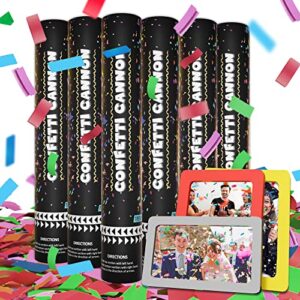 confetti cannon party poppers [6 pack], gift 3 magnetic photo frames, multicolor biodegradable confetti shooters for wedding, birthday, party, graduation celebrations, new year’s eve