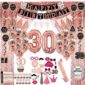 30th birthday decorations for her – (76pack) rose gold party banner, pennant, hanging swirl, birthday balloons, foil backdrops, cupcake topper, plates, photo props, birthday sash for women gift