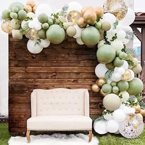 sweet baby co. sage green balloon garland kit for neutral arch with matte sage olive, taupe, white, gold metallic, confetti balloons for baby shower, eucalyptus party decorations, birthday ballon wall