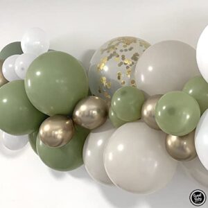 Sweet Baby Co. Sage Green Balloon Garland Kit for Neutral Arch with Matte Sage Olive, Taupe, White, Gold Metallic, Confetti Balloons for Baby Shower, Eucalyptus Party Decorations, Birthday Ballon Wall