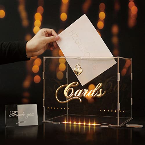 HZGUEOSTB Acrylic Wedding Card Box ,DIY Envelop Money Clear Card Box with Lock Strip Light and Rhinestone Tape,Large Acrylic Wedding Card Boxes for Reception Graduation Birthday Baby Shower (style3)