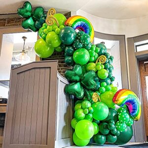 128pcs green balloon arch garland kit with lucky shamrock clover rainbow foil balloons for st. patrick’s day party decorations irish festival party decor birthday baby shower supplies