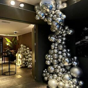 DKCPISCO Silver Metallic Chrome Latex Balloon Arch Kit, 100PCS 18In 12In 10In 5In Arch Garland For Engagement,Picnic,Wedding, Silver Theme Anniversary Celebration Decoration With 33FT Ribbon