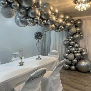 DKCPISCO Silver Metallic Chrome Latex Balloon Arch Kit, 100PCS 18In 12In 10In 5In Arch Garland For Engagement,Picnic,Wedding, Silver Theme Anniversary Celebration Decoration With 33FT Ribbon