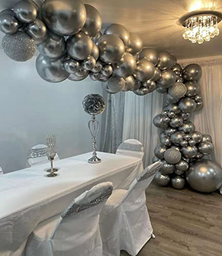 DKCPISCO Silver Metallic Chrome Latex Balloon Arch Kit, 100PCS 18In 12In 10In 5In Arch Garland For Engagement,Picnic,Wedding, Silver Theme Anniversary Celebration Decoration With 33FT Ribbon