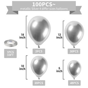 DKCPISCO Silver Metallic Chrome Latex Balloon Arch Kit, 100PCS 18In 12In 10In 5In Arch Garland For Engagement,Picnic,Wedding, Silver Theme Anniversary Celebration Decoration With 33FT Ribbon